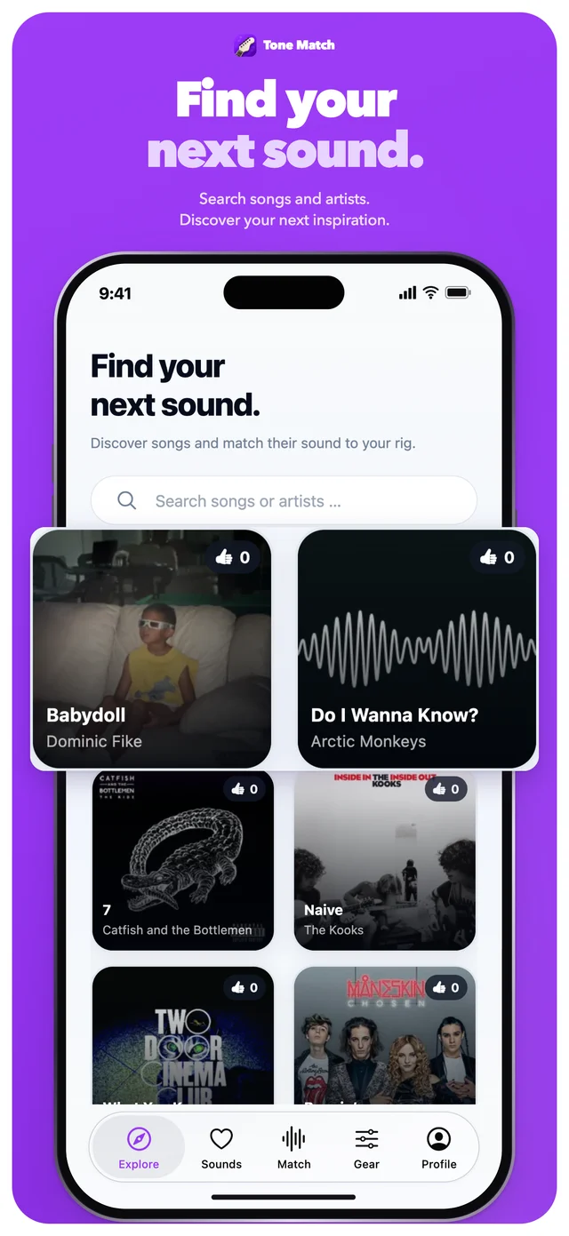 Tone Match Explore screen showing the app’s song catalogue.