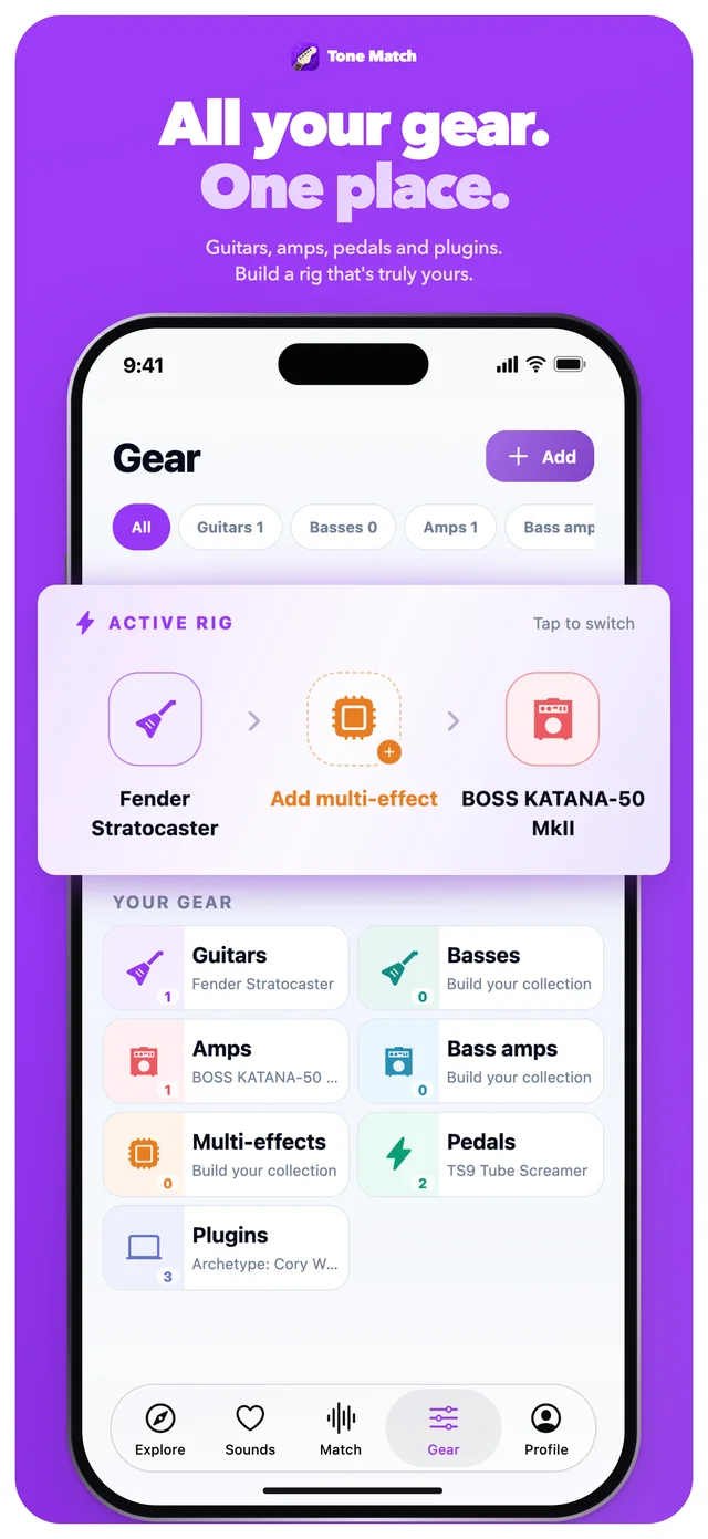 Tone Match Gear screen with an active rig and collection categories.